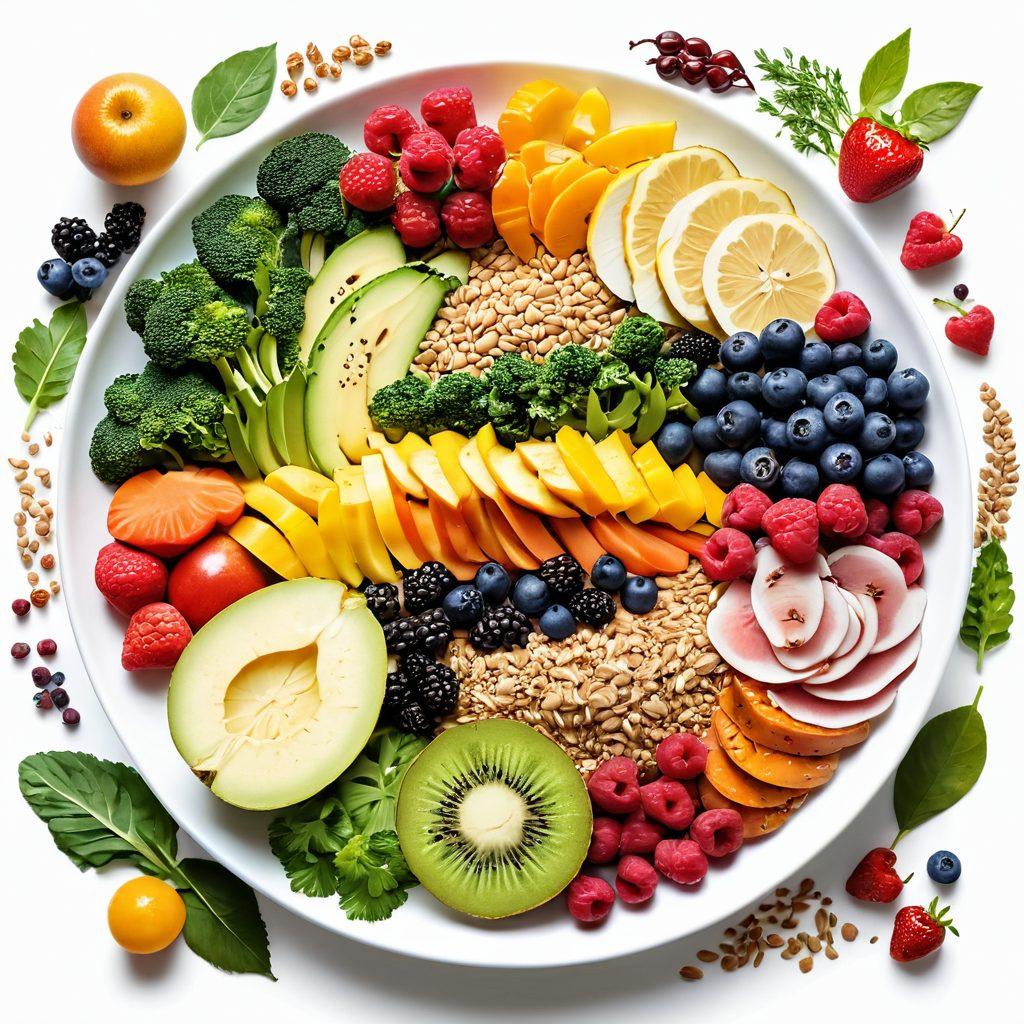 A vibrant and balanced plate of colorful fruits, vegetables, whole grains, and lean proteins, symbolizing nutritional harmony. Brightly illustrated with a background of greenery to represent health, with subtle infographics about metabolism and nutrition intertwined. A smiling person of diverse descent enjoying a healthy meal, radiating vitality. super-realistic. vibrant colors. white background.