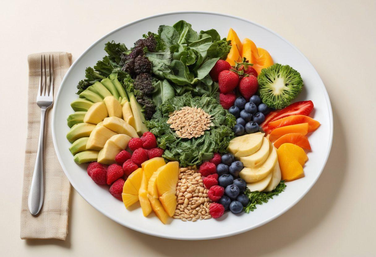A vibrant, colorful plate filled with a variety of healthy foods, including leafy greens, fruits, whole grains, and lean proteins, arranged harmoniously. In the background, a scale and a measuring tape subtly symbolize weight management. Soft natural lighting enhances the freshness of the ingredients. super-realistic. vibrant colors. white background.