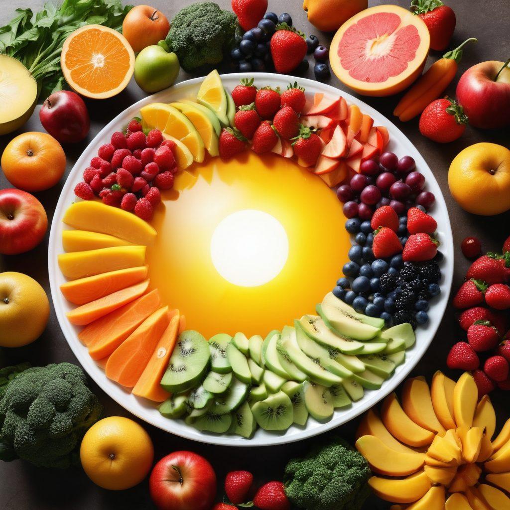 A dynamic scene featuring a diverse group of people engaged in various fitness activities, surrounded by vibrant, nutrient-rich foods such as colorful fruits, vegetables, and lean proteins. Incorporate elements that symbolize hormonal balance, like scales or yin-yang symbols. The background should be an inspiring outdoor setting with sunlight streaming through, radiating energy and vitality. super-realistic. vibrant colors. 3D.